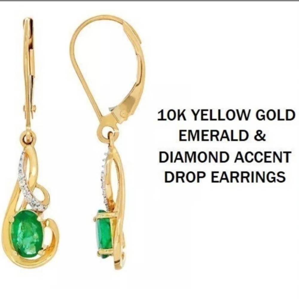 10K Yellow Gold Emerland & Dimond Accent Drop Earrings